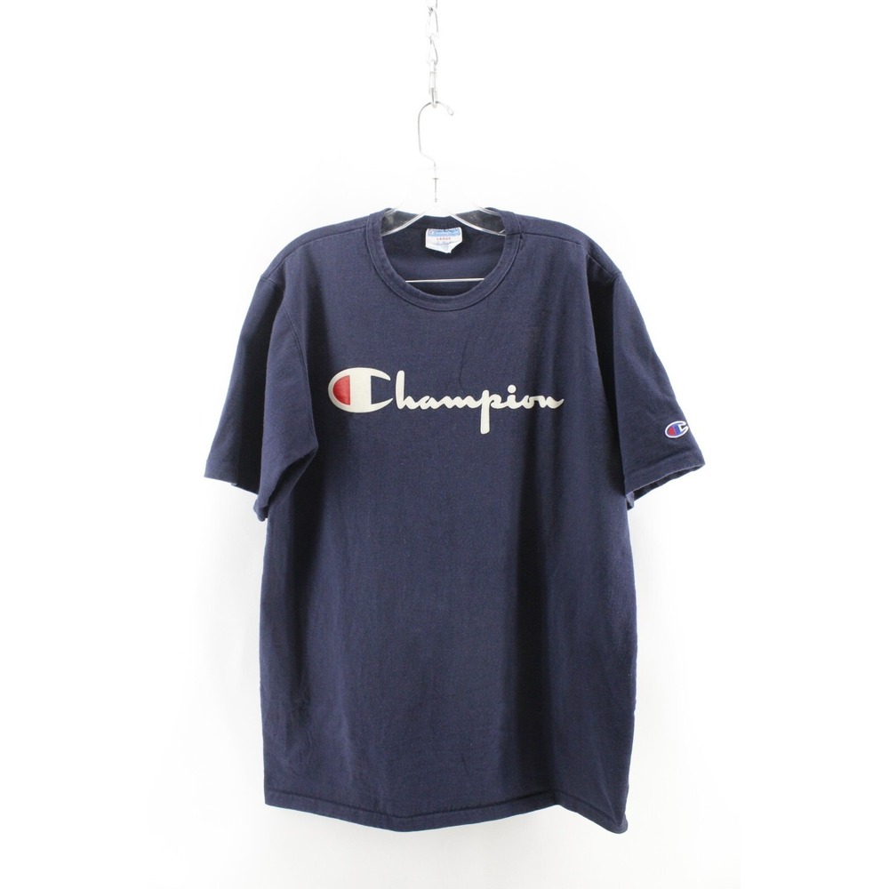 Vintage Champion Label - Branded Felt Logo Size Large Heavy T-Shirt Navy Blue